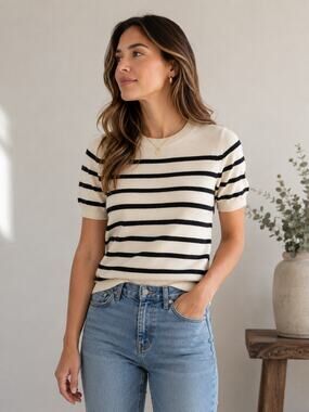 Quince 100% Mongolian Cashmere Striped Short Sleeve Sweater XS Quiet Luxury